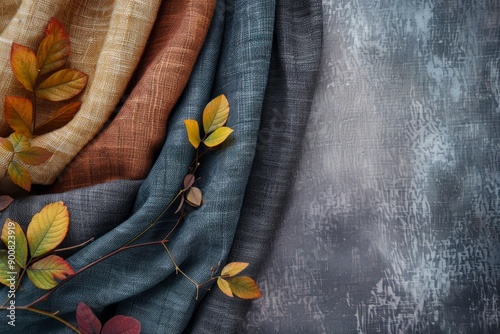 Elegant drapery of autumnhued fabrics with scattered leaves on a rustic, textured backdrop photo