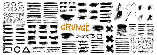 Creative paint brush stencils and spray graffiti elements. Grunge set, doodle, stencil template ink brushstrokes, pencil lines, underline with splatter effect. Spray graffiti elements. Vector graphic 