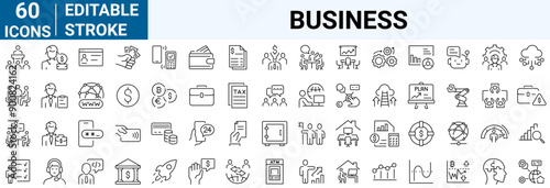 Business line icons. Team, business people, human resources, collaboration, research, meeting, partnership, support, businessman. Editable stroke. Vector illustration