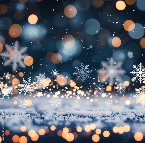 Snowflakes and Lights on a Snowy Surface