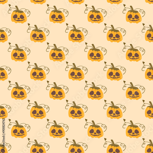 Halloween Pumpkins seamless pattern. All Hallows' Eve continuous background. Jack o lantern repeat surface cover. Vector hand drawn illustration.