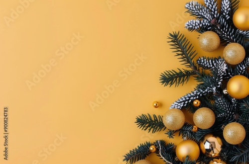 Gold And Silver Christmas Ornaments On Yellow Background