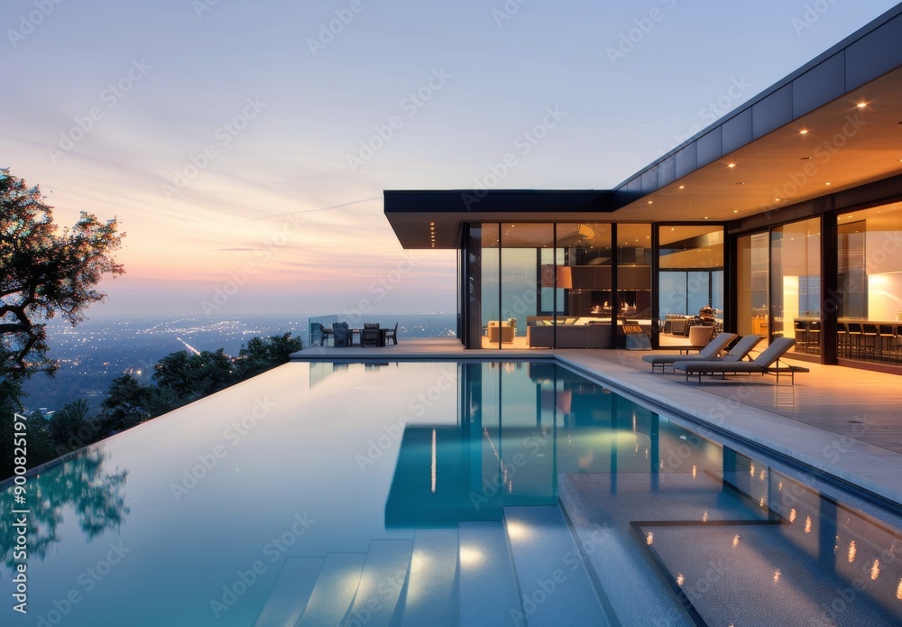 Fototapeta premium Modern House Pool At Dusk