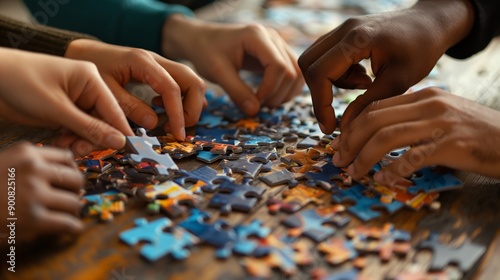 Hands of diverse team members assembling jigsaw puzzle close up