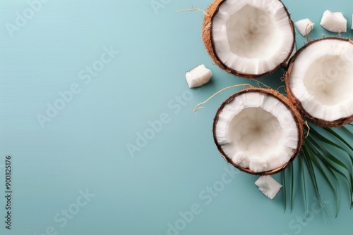Coconut Halves and Palm Leaf on Blue Background
