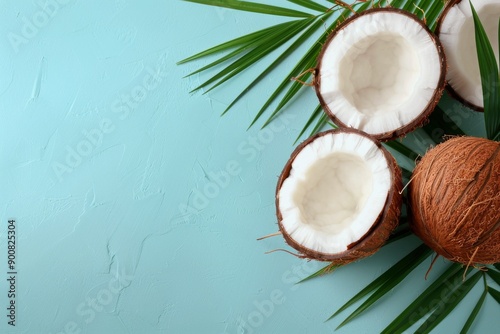 Coconut Halves and Palm Leaf on Blue Background