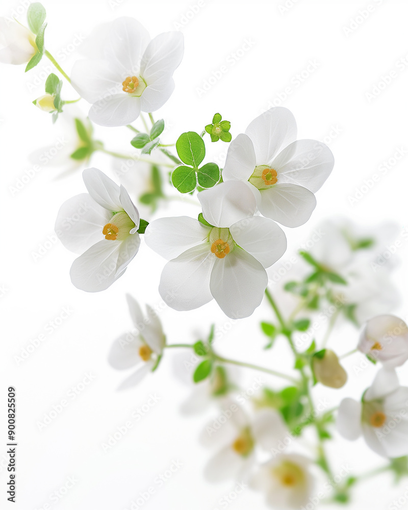 Fototapeta premium White Flowers with Green Leaves on White Background