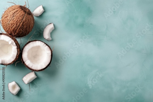 Coconut Halves and Palm Leaf on Blue Background