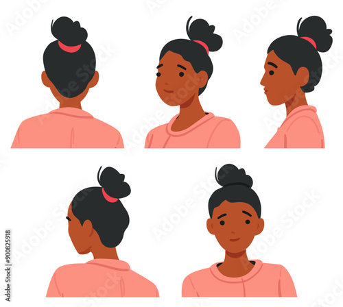 Head And Shoulders Of Young Cartoon Woman In A Pink Top Are Shown From Various Angles, Including Front, Back, And Side