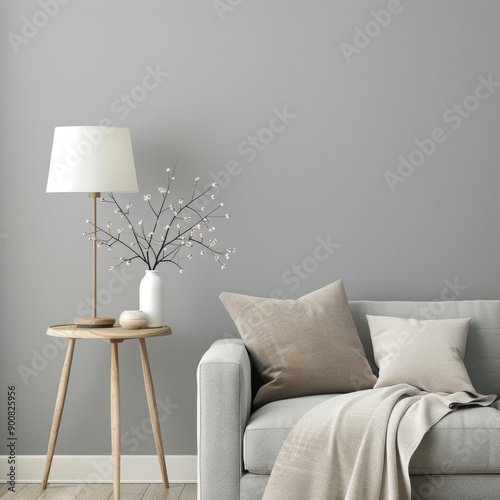 Grey Sofa in Living Room With Floor Lamp