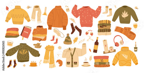 Set of cozy autumnal sweaters, scarves, socks, and warm accessories. Fall clothes kit. Vector hand drawn flat collection illustration isolated on white background.
