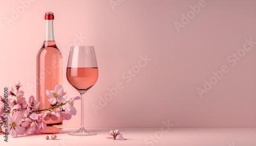 Rose wine glass with bottle on blush background and pink flowers. Rosado, rosato pink wine tasting photo