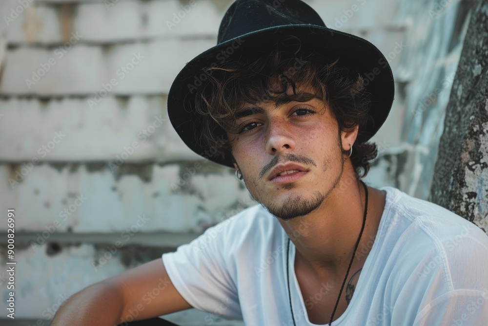 Portrait of a stylish young man wearing a black hat, resting against a textured wall Portrait of a stylish young man wearing a black hat, resting against a textured wall