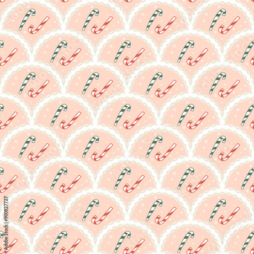 Christmas candy cane scallop seamless pattern. Happy New Yea arch repeat background. Yuletide sweet elements retro endless design. Vector hand drawn flat illustration.