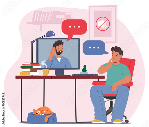 Male Character Engages In A Virtual Conversation With A Therapist, Practicing Sign Language, Cartoon Vector Scene