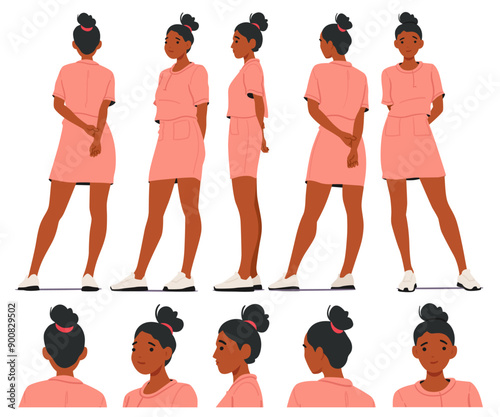Young Woman Wearing Pink Dress And White Sneakers In Various Poses And Angles. Female Character Vector Illustration