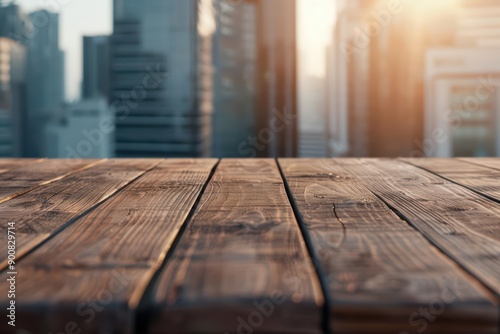 An ultramodern supernatural scene of a wood table in a comfortable style set against a meadow view