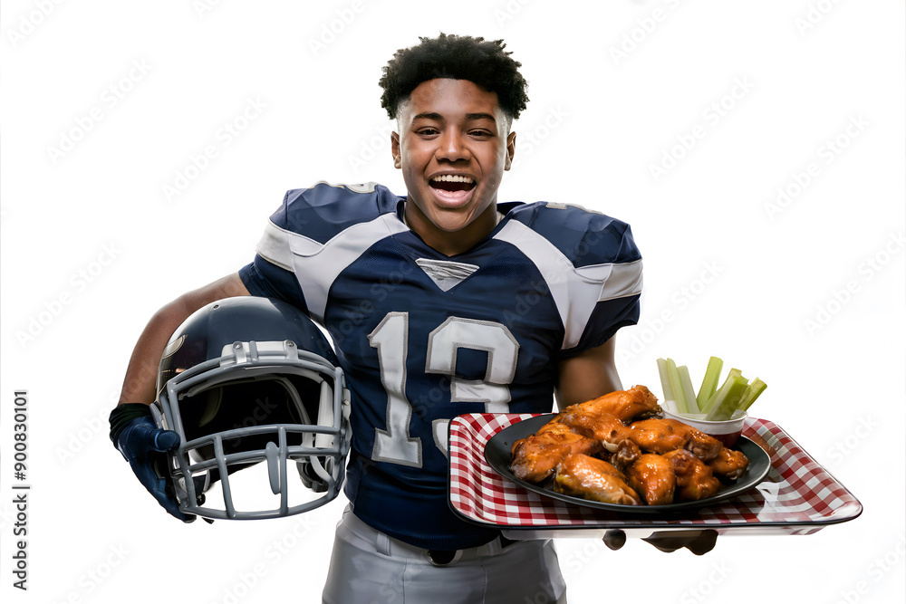 Enthusiastic Football Player Holding Helmet and a Platter of Hot Wings, Celebrating Game Day Enthusiastic Football Player Holding Helmet and a Platter of Hot Wings, Celebrating Game Day