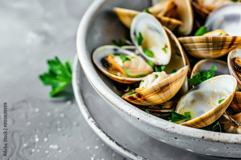 Clam explosion highlighting a bowl of steamed clams, garlic and white wine sauce enhancing the natural flavors, a savory seafood treat, maritime feast, banner, with copy space Clam explosion highlighting a bowl of steamed clams, garlic and white wine sauce enhancing the natural flavors, a savory seafood treat, maritime feast, banner, with copy space