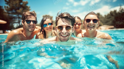 Group of young happy fashion friends enjoy their summer holidays vacation in swimming pool.
