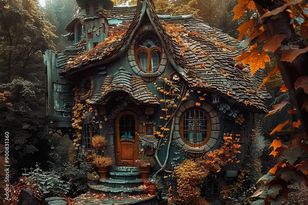 Fototapeta premium Magical storybook cottage surrounded by fall foliage in an atmospheric forest