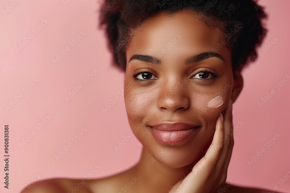 dark-skinned woman applying blush makeup with well-groomed skin dark-skinned woman applying blush makeup with well-groomed skin