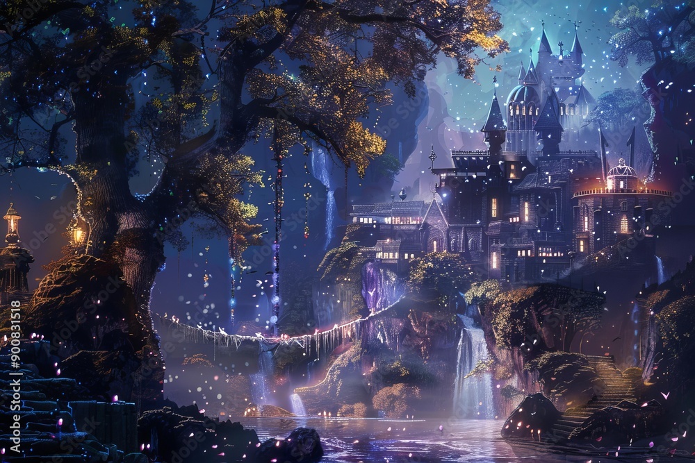 Illustration of a magical castle amidst an ethereal forest under the starlit sky Illustration of a magical castle amidst an ethereal forest under the starlit sky