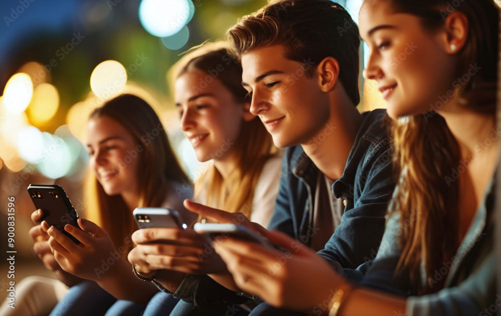 Group of young people who are preoccupied with their smart phones, which are an important part of culture and can lead to addiction Group of young people who are preoccupied with their smart phones, which are an important part of culture and can lead to addiction