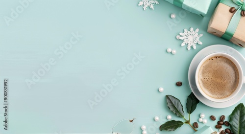 Coffee and Gifts on Blue Background