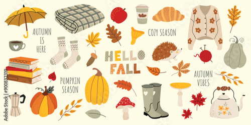 Autumn vector elements set. Cozy fall stickers. Leaves, pumpkins, fall clothes, umbrella, hedgehog, tea. The inscription hello fall. Isolated background. Illustration in the hand drawn style.