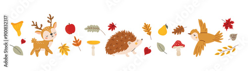 Cute fall set with forest animals and leaves. Hedgehog, deer and bird. Autumn simple illustration on white isolated background. Hand-drawn style.