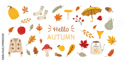Set autumn vector elements. Leaves, pumpkins, fall clothes, umbrella, mushrooms, tea. Cozy minimalistic fall collection. Isolated background. Illustration in hand drawn style.