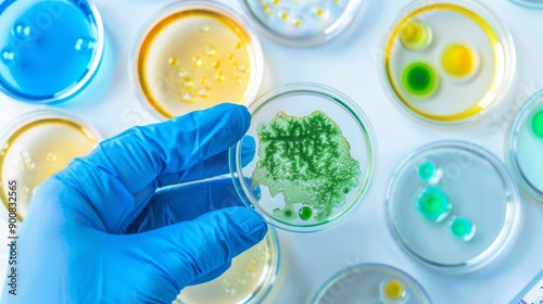 Conducting experiments on microbial growth patterns in colorful petri dishes in a controlled lab for research