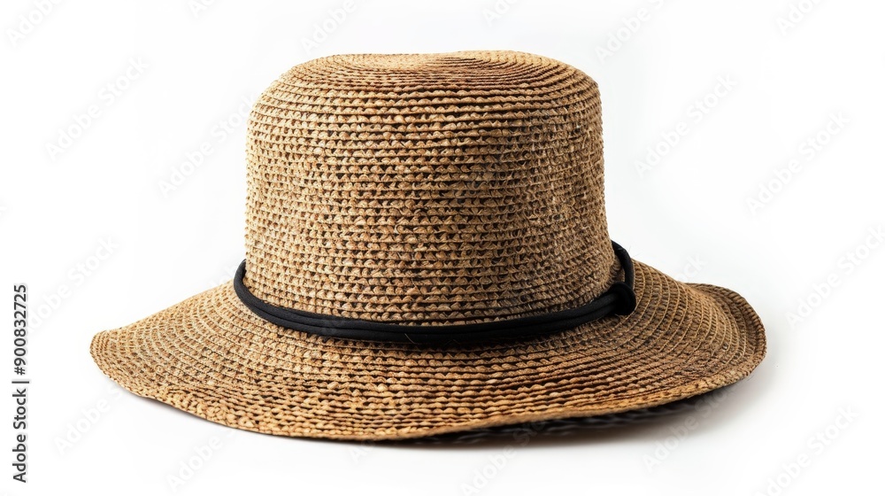 The image displays a wide-brim straw hat complete with a black band, perfect for providing sun protection while maintaining a stylish and fashionable appearance. The image displays a wide-brim straw hat complete with a black band, perfect for providing sun protection while maintaining a stylish and fashionable appearance.
