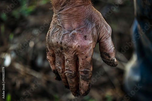 Closeup of a working farmer's hand, soiled and textured, symbolizing hard labor © anatolir