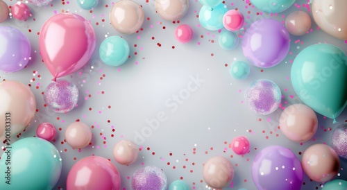 Pastel Balloons and Confetti on White Background