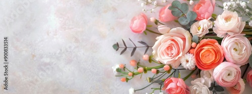 Pink Roses and White Flowers on a White Background