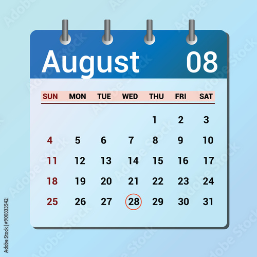 vector page of August month calendar and highlighted date August 28