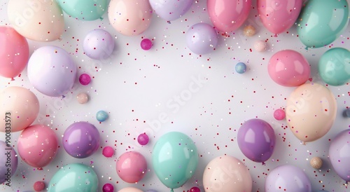 Pastel Balloons and Confetti on White Background