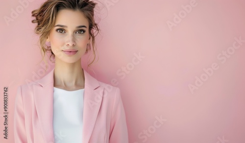 Woman in Pink Blazer Against Pink Wall