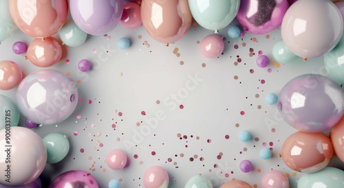 Pastel Balloons and Confetti on White Background