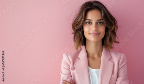 Woman in Pink Blazer Against Pink Wall