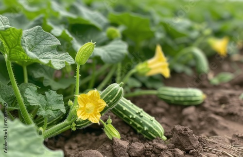 Zucchini Plant With Flowers and Fruit