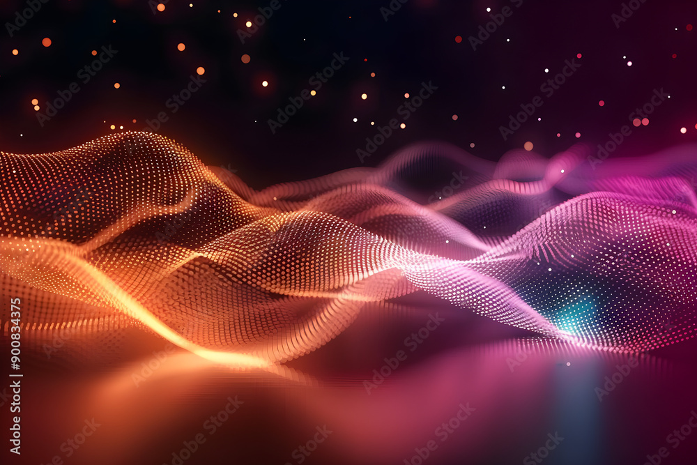 abstract digital waves, futuristic technology, sci-fi landscape, glowing particles, dynamic motion, vibrant color palette, orange and purple gradient, high-tech visualization, network connections abstract digital waves, futuristic technology, sci-fi landscape, glowing particles, dynamic motion, vibrant color palette, orange and purple gradient, high-tech visualization, network connections