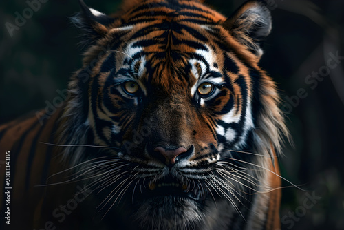 Fierce tiger portrait, captivating wildlife photography, emotional intensity, threatened species conservation, vibrant orange and black stripes, perfect for nature documentaries photo