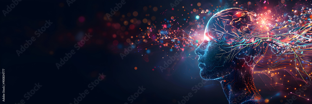 Obraz premium AI-generated human silhouette with vibrant neural connections, representing creativity, technology, innovation, cognitive process, emotional depth, tech-driven industries, suitable for marketing