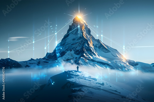 Mountain peak symbolizes success in digital transformation, innovative strategies, personal achievement, resilience, adventure, targeting marketers, business leaders, photographers