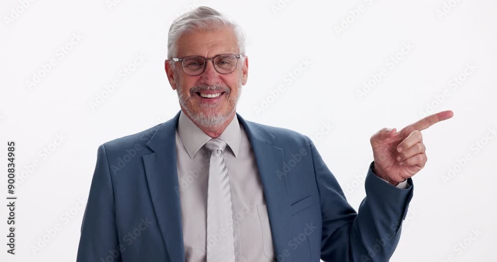 Senior businessman, face and point in studio for smile with mock up space by white background. Mature person, attorney and lawyer in portrait with choice, feedback and vote at corporate law firm