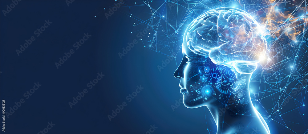 Futuristic brain illustration, technology digital art, neuroscience concept, healthcare representation, emotional intelligence, motivational imagery, copy space available for text overlay. Futuristic brain illustration, technology digital art, neuroscience concept, healthcare representation, emotional intelligence, motivational imagery, copy space available for text overlay.