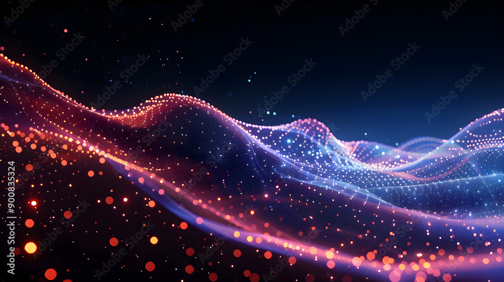Fototapeta premium futuristic flowing waves of light, data visualization, abstract light trails, colorful dots, digital art, tech background, copy space available, perfect for marketing and innovation industries.